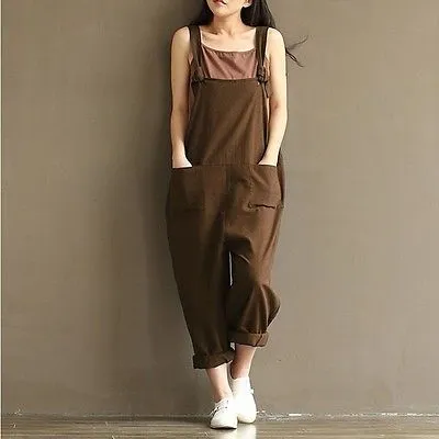 Women Baggy Overalls Solid Color Loose Big Pockets Wide Leg Long Suspender Pants