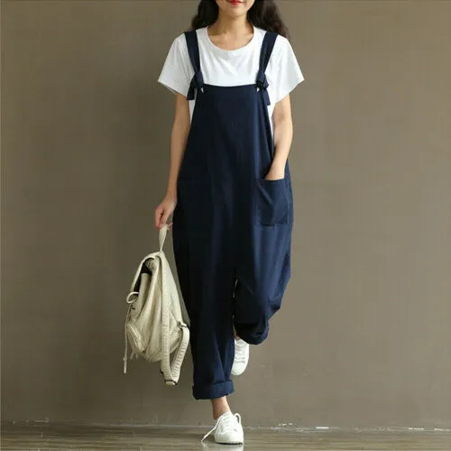 Women Baggy Overalls Solid Color Loose Big Pockets Wide Leg Long Suspender Pants