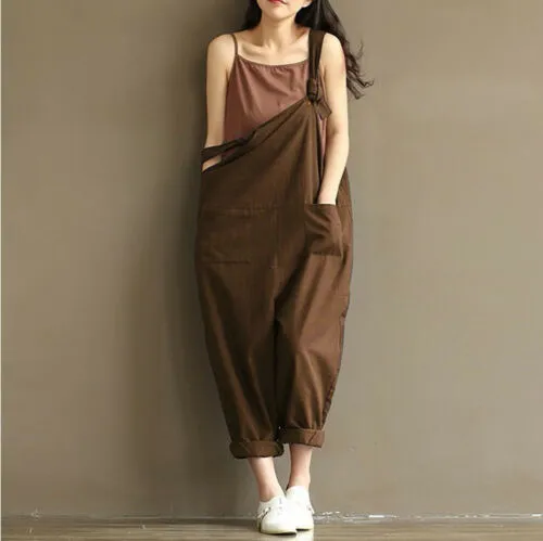 Women Baggy Overalls Solid Color Loose Big Pockets Wide Leg Long Suspender Pants