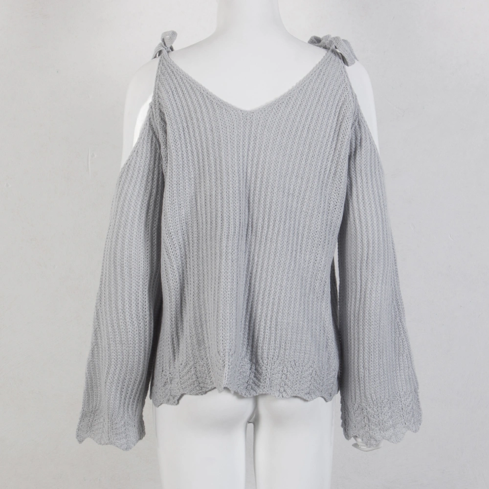 Women Off Shoulder Long Sleeve Knit Blouse V-neck Hollow Out Sweater