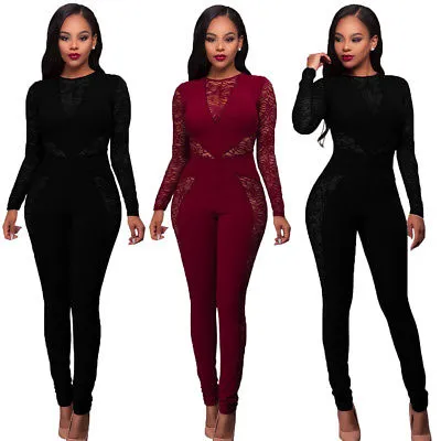 Women Long Jumpsuit, Solid O-Neck Long Sleeve Floral Lace Sheer Romper