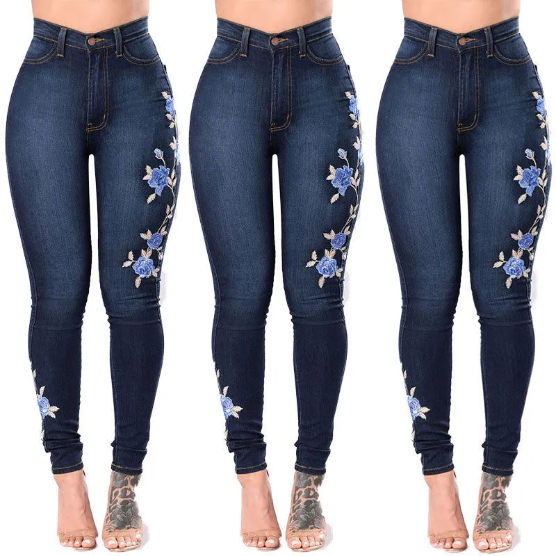 Women's High Waist Bodycon Jeans 3D Embroidery Slim Fit Pencil Jeans