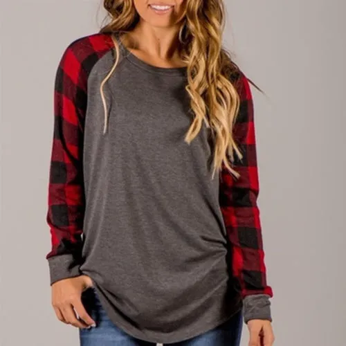 Women's Long Sleeve T-Shirt, Plaid Print Patchwork Crew Neck Tee Shirt