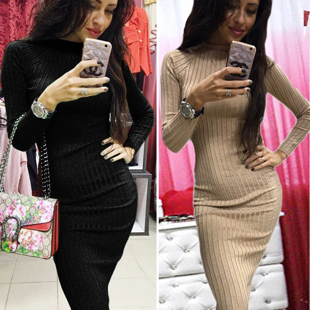 Women's Solid Color Knit Dress, Long Sleeve O-neck Bodycon Dress