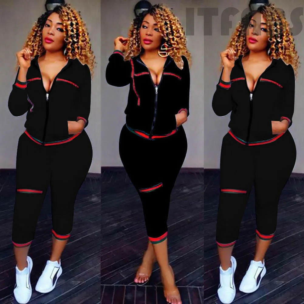 2 Pcs Female Casual Outfits, Zipper Sport Hoodies Long Pants Suits