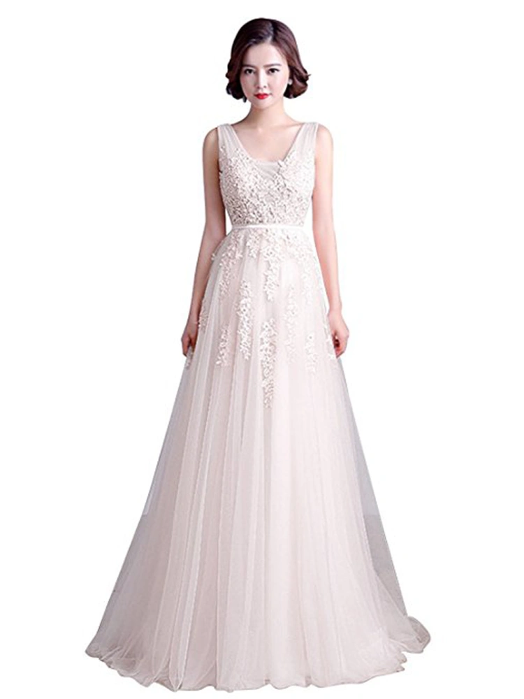 Women Bridesmaid Dress, Deep V-Neck Beads Floral Lace Wedding Dress