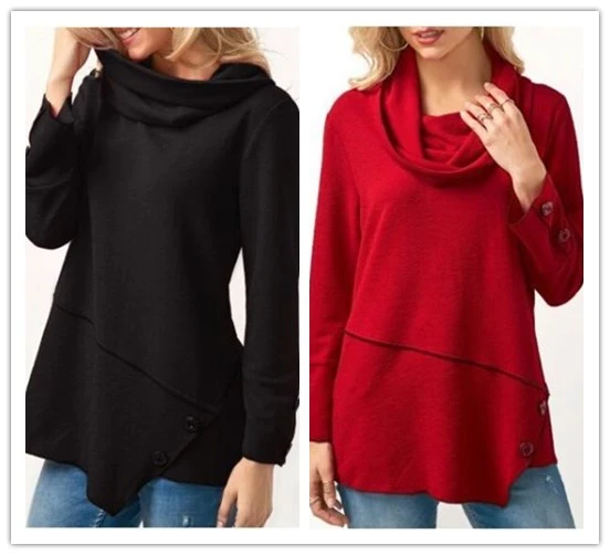 Women Shirt, Cowl Neck Loose Pullover Patchwork Button Hem Tops