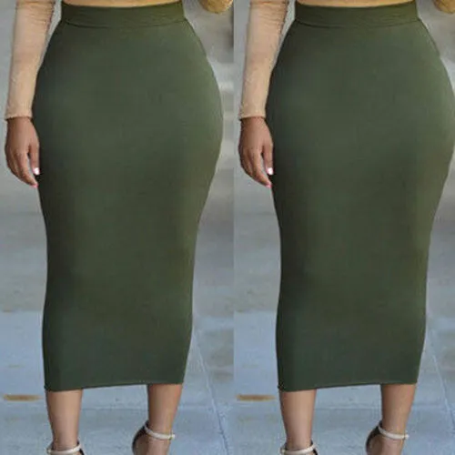 Women Pencil Skirt, Solid Color Elastic Waist Band Maxi High Waist Slim Skirts