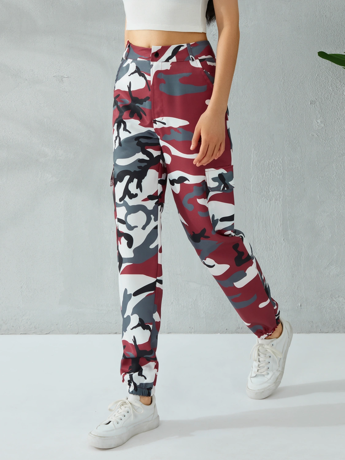 Women Loose Pants Camouflage High Waist Wide Elastic Band Harem Long Trouser