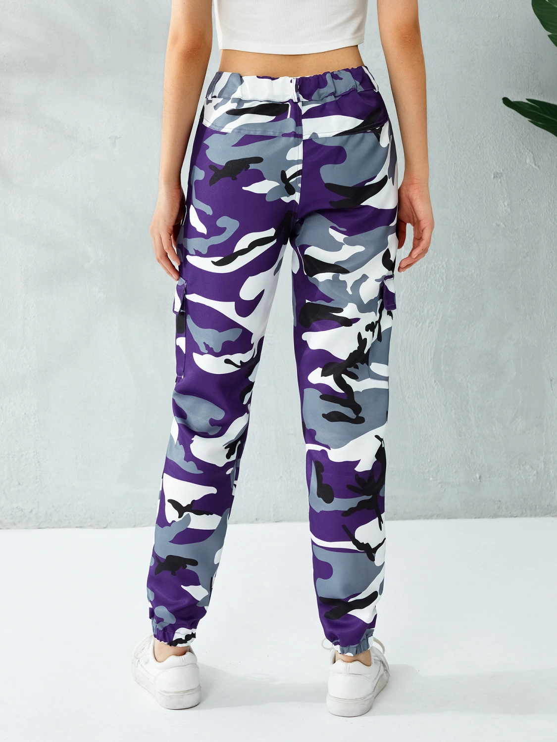 Women Loose Pants Camouflage High Waist Wide Elastic Band Harem Long Trouser
