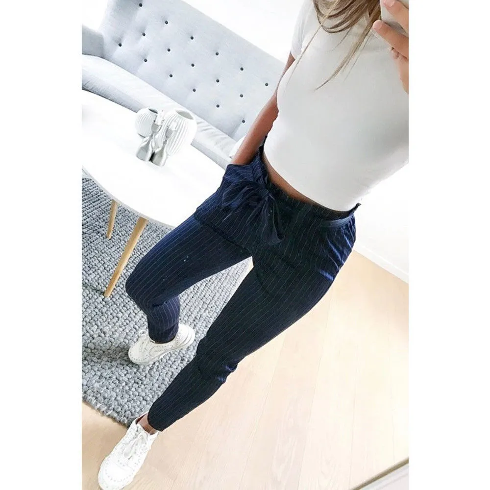 Women' s High Waist Striped Pants Elastic Waist Plaid Long Pants