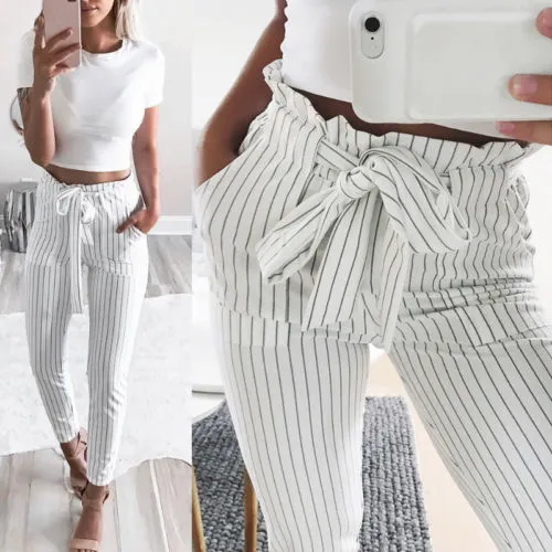 Women' s High Waist Striped Pants Elastic Waist Plaid Long Pants