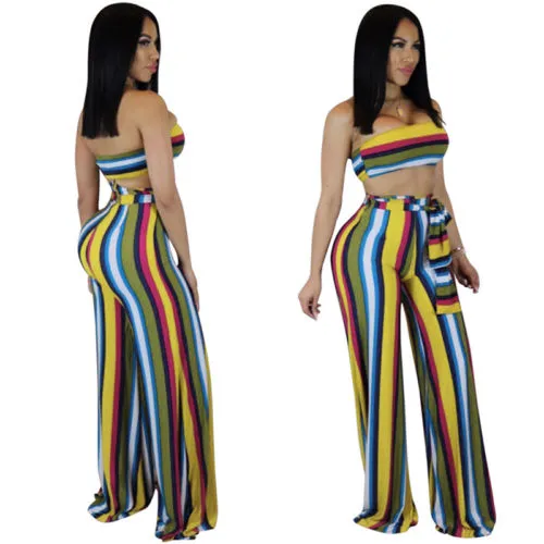 Women's Strapless Striped Tube Tops + High Waist Wide Leg Pants