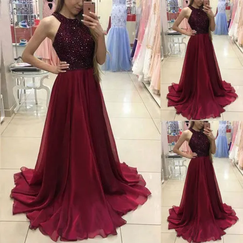 Women Evening Dress, Halter Rhinestone Backless Long Formal Dress