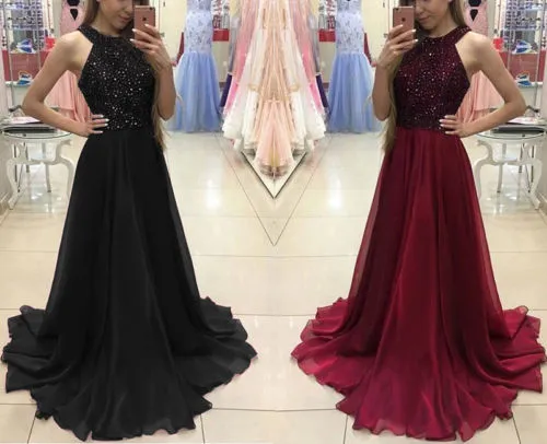 Women Evening Dress, Halter Rhinestone Backless Long Formal Dress