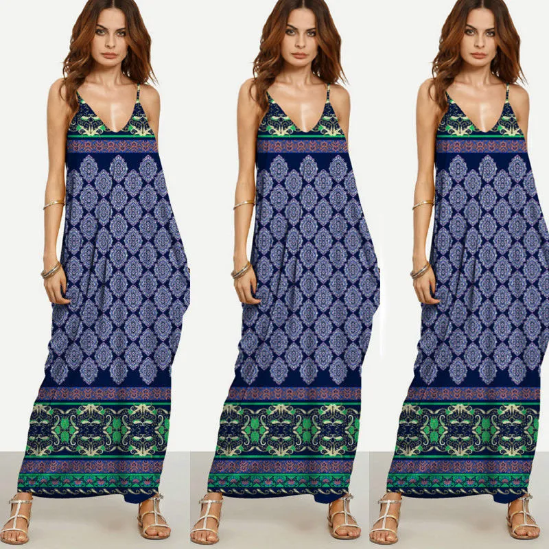 Women's V-Neck Long Dress, Sleeveless Boho Print Spaghetti Strap Dress