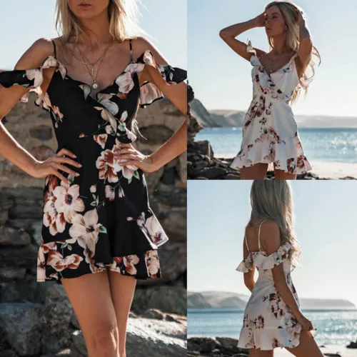 Women Sexy Dress, Sling Floral Printed Deep V-Neck Ruffle Beach Dress