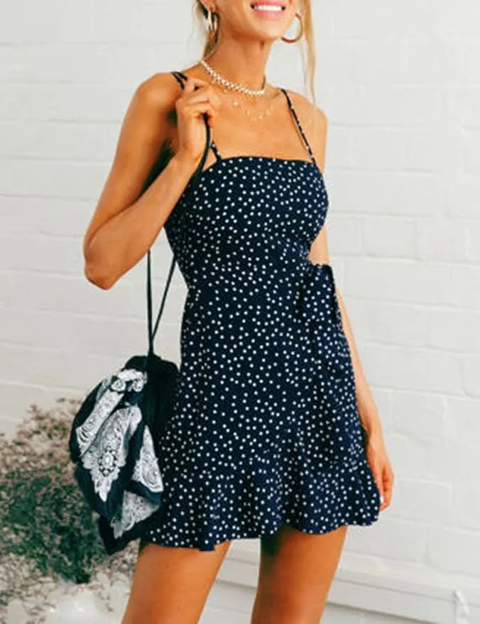 Women Spaghetti Strap Dress, Sleeveless Mini Dress, Polka Dot Dress