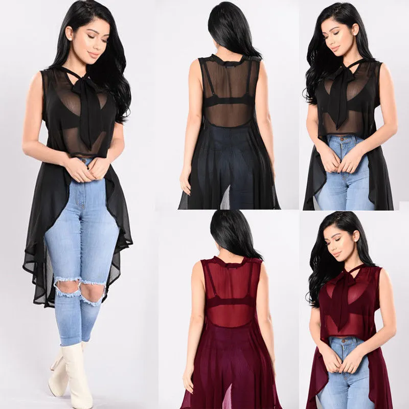 Women See Through Sheer Summer Tops Sleeveless Irregular Bowknot Shirt