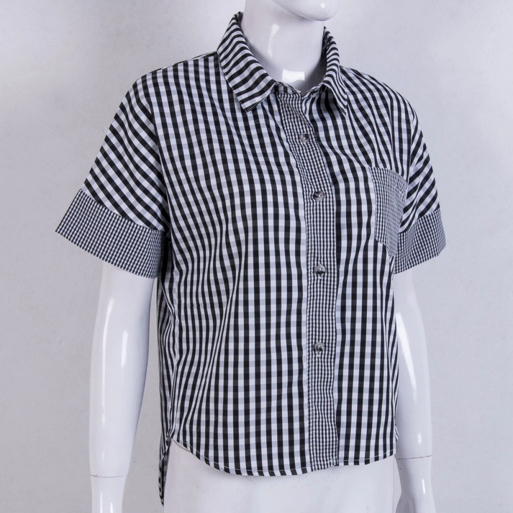 Women's Short Sleeve Casual Shirt, Plaid Print Turn-Down Collar Tops