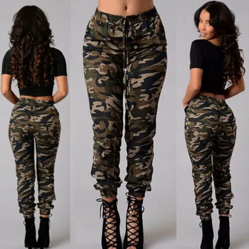 Female Camouflage Casual Pants, Elastic High Waist Sport Slacks