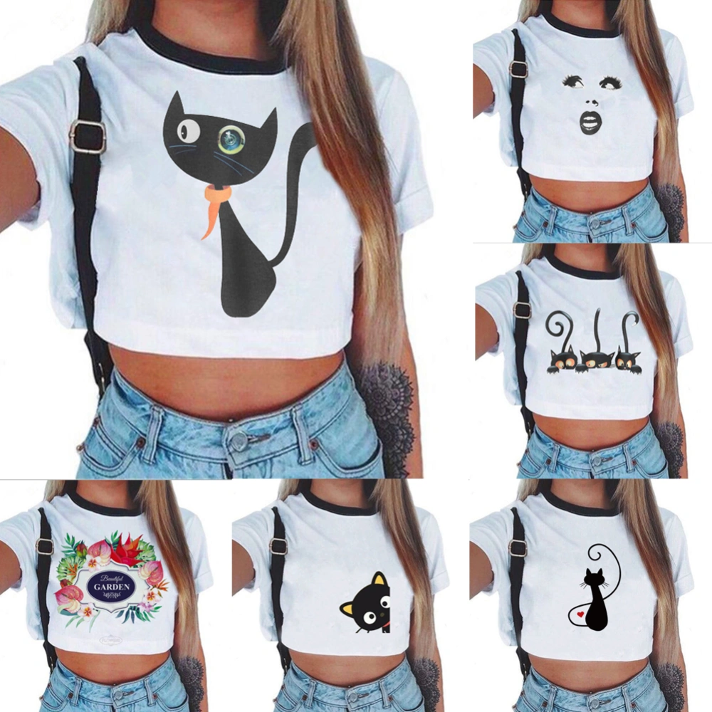 Women Summer Crop Top, Slim Fit Print T-shirt, Cute Animal Blouse