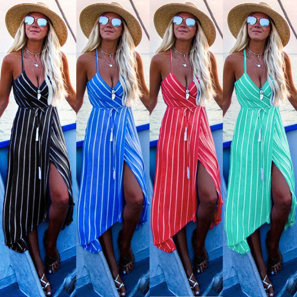 Women Sexy Dress with Waist Belt, Striped Halter Hollow Back Deep V-Neck Dress