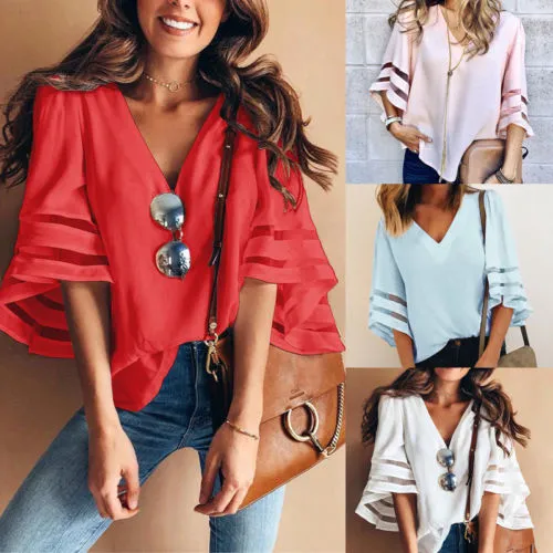 Women Top Shirt, Medium Sleeve Solid Color Deep V-Neck Sheer Loose Top