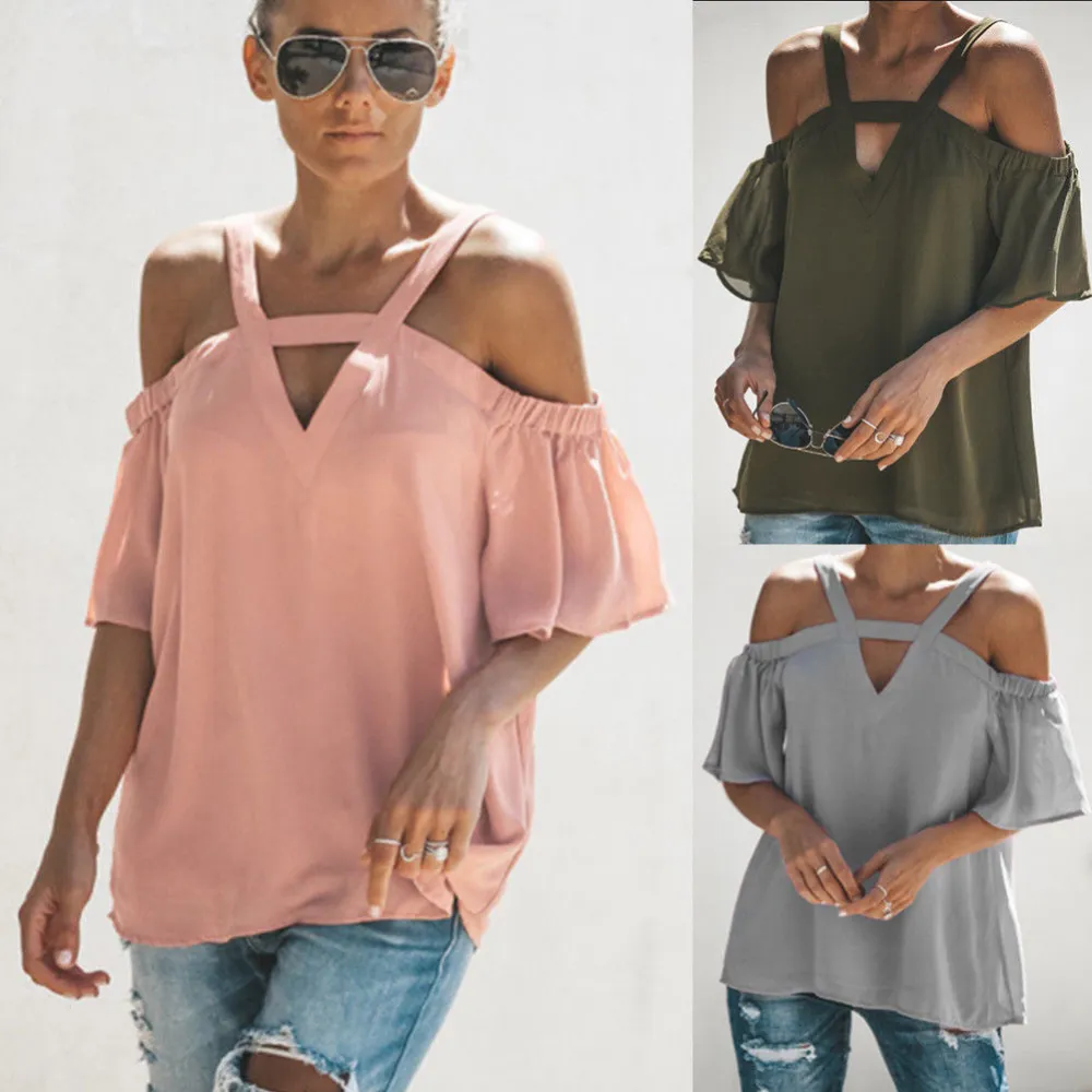 Women Off Shoulder Chiffon Blouse Short Sleeve Hollow Out Loose Pullover Tops