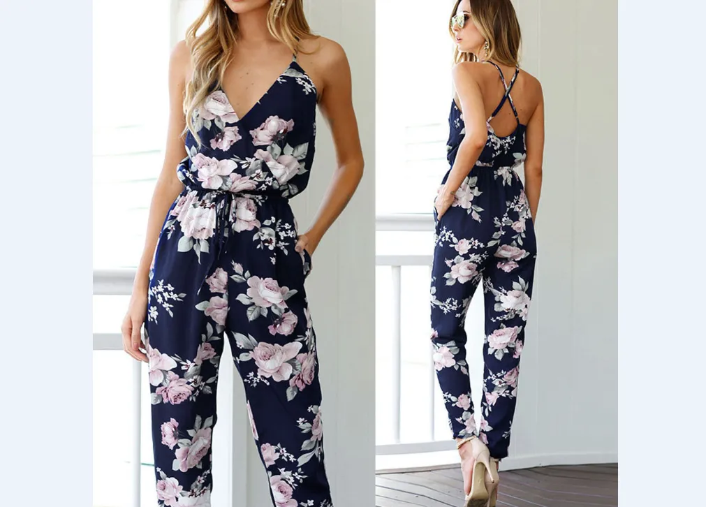 Women Summer Jumpsuit, Sling Floral Printed Hollow Back Deep V-Neck Jumpsuit