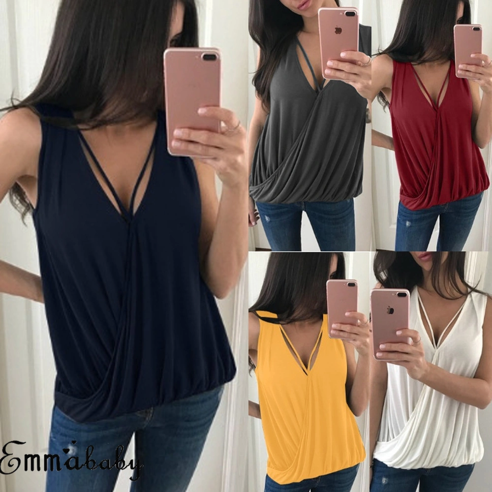 Women V-neck Vest, Sleeveless Summer Shirt, Solid Color Casual Tank Tops