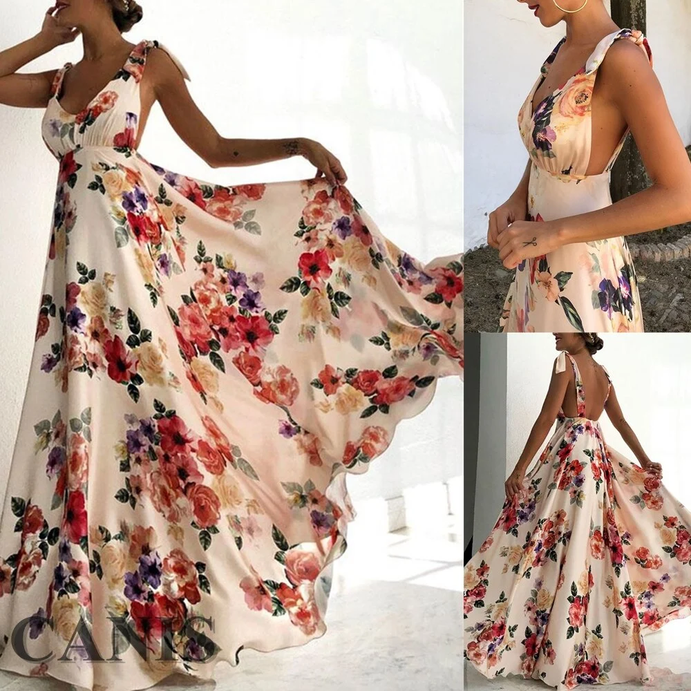 Women's Long Flower Pattern Dress, Slender Waist Strap Style Dress