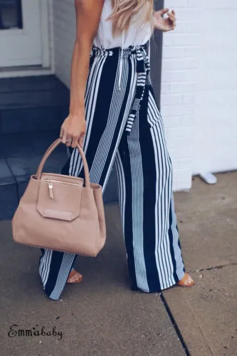 Women's Striped Wide Leg Trousers High Waist Fashion Long Pants