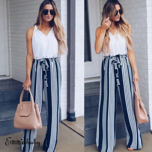 Women's Striped Wide Leg Trousers High Waist Fashion Long Pants