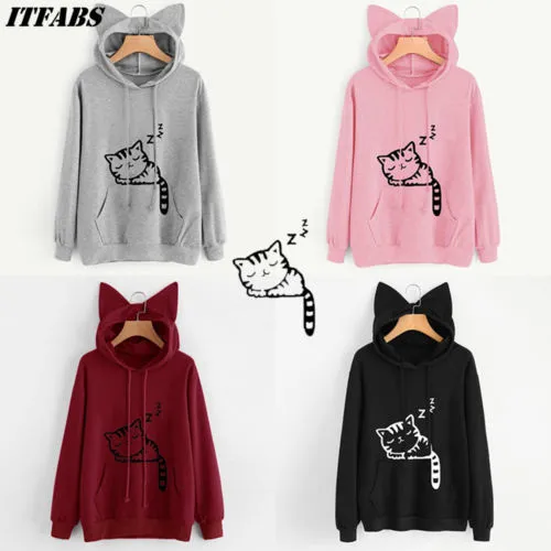 Women Long Sleeve Hoodies Sweatshirt Cute Cat Print and Ear Pullover