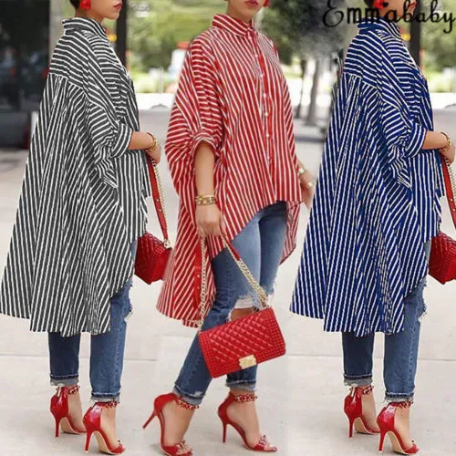 Women Stripe Sleeve Shirt High Low Hem Button Down Blouse Lapel Tops