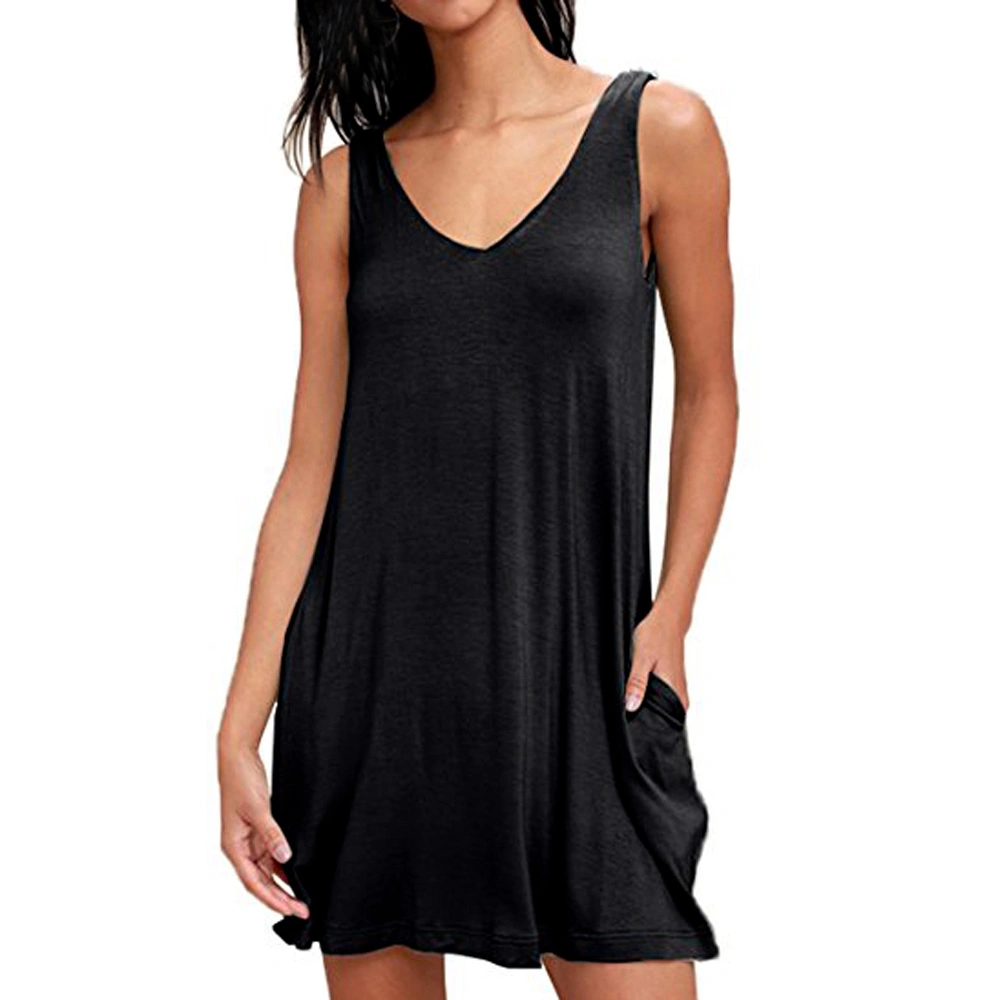 Women's V-Neck Beach Dress, Sleeveless Loose Fit Casual Pocket Dress