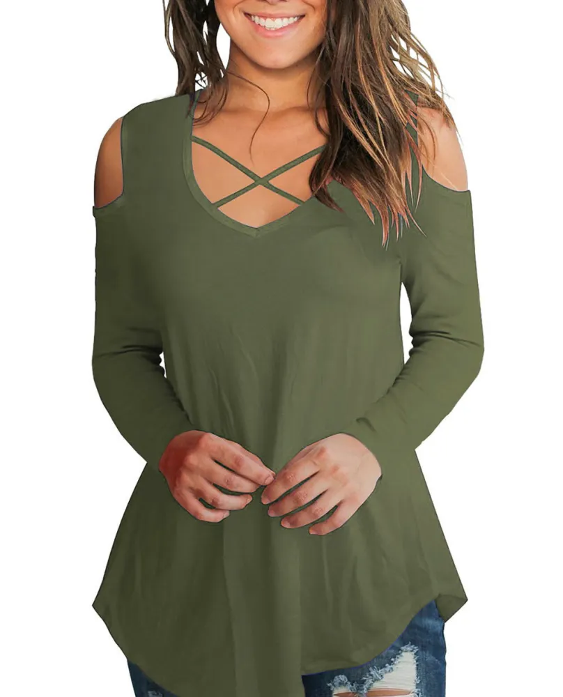 Women's Hollow Out Shoulder Tops, Full Sleeve Quick Drying Tee Shirt