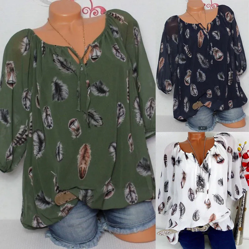 Women' s V Neck Tops Feather Print Loose T-Shirts Half Sleeve Blouse