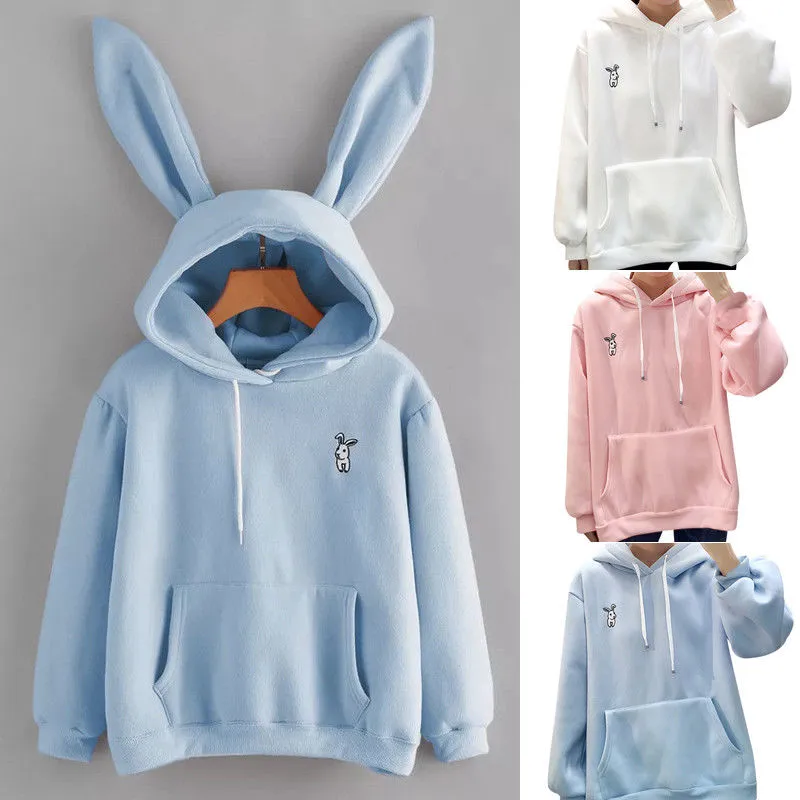 Female Hoodie Pullover, Rabbit Ear Long Sleeve Front Pocket Casual Sweatshirt