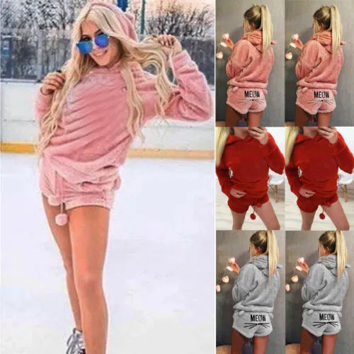 Women 2PCS Pajamas Set, Ear Hoodie Loose Sweater Top, Short Cat Pattern Pants