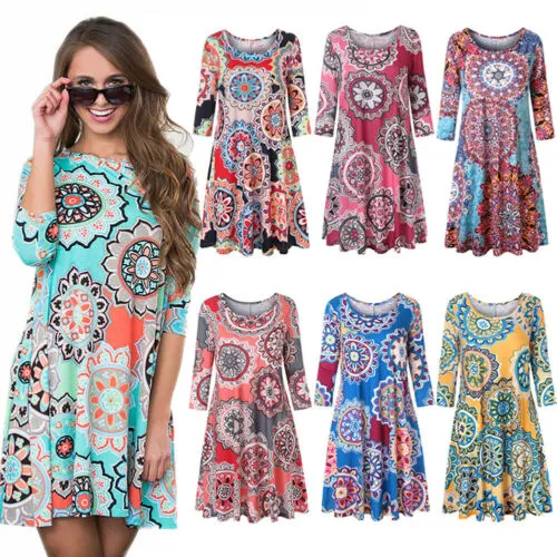 Female Dress, Floral Print Round Neck Three Quarter Sleeve One-Piece