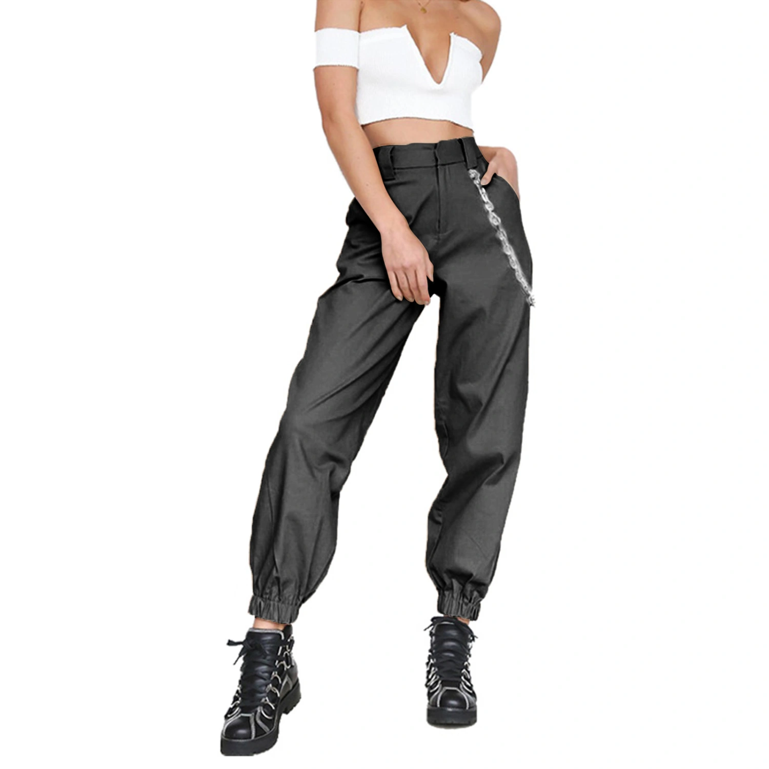 Women's Hip Hop Cool Baggy Cargo Pants with Decorative Chain