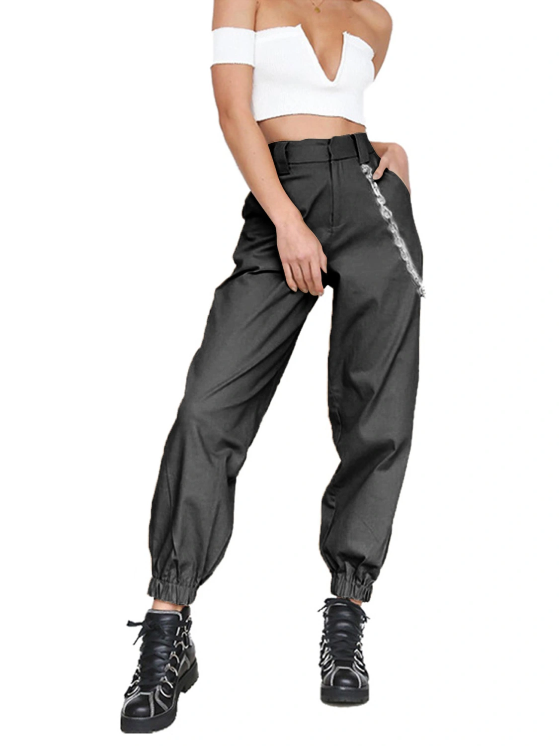Women's Hip Hop Cool Baggy Cargo Pants with Decorative Chain