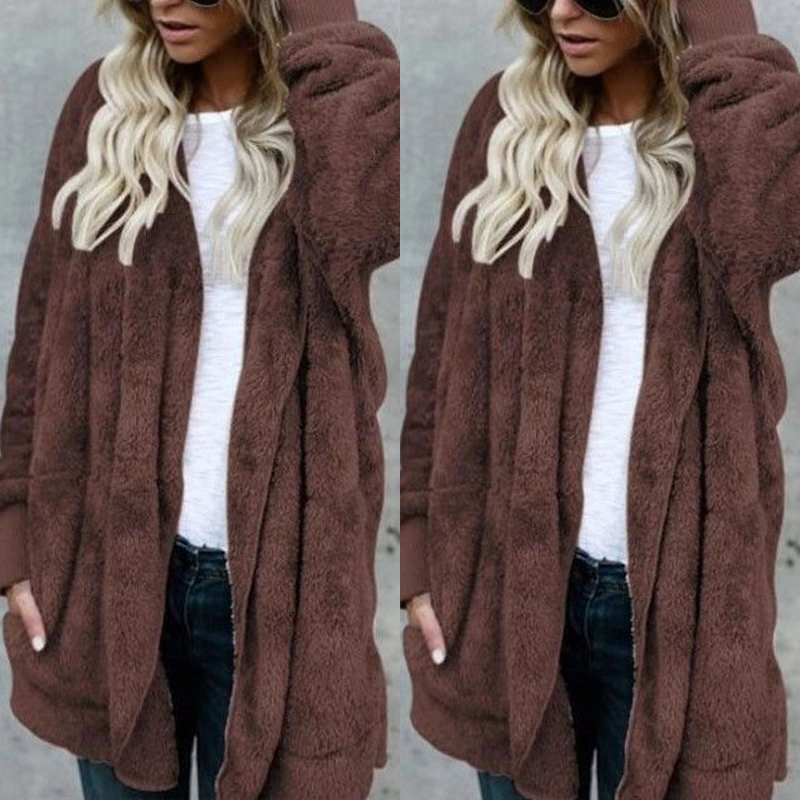 Women Winter Solid Color Hoodie Fluffy Fleece Jacket Long Cardigans Coat