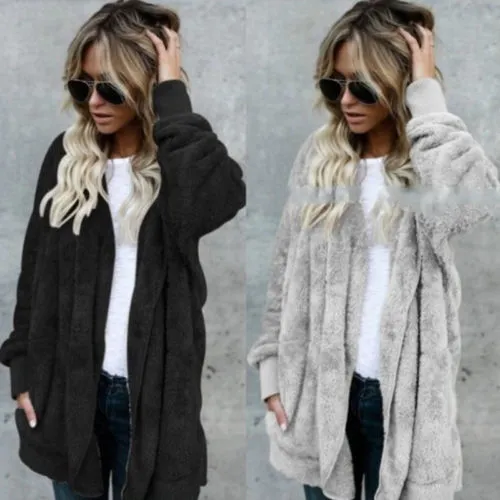 Women Winter Solid Color Hoodie Fluffy Fleece Jacket Long Cardigans Coat