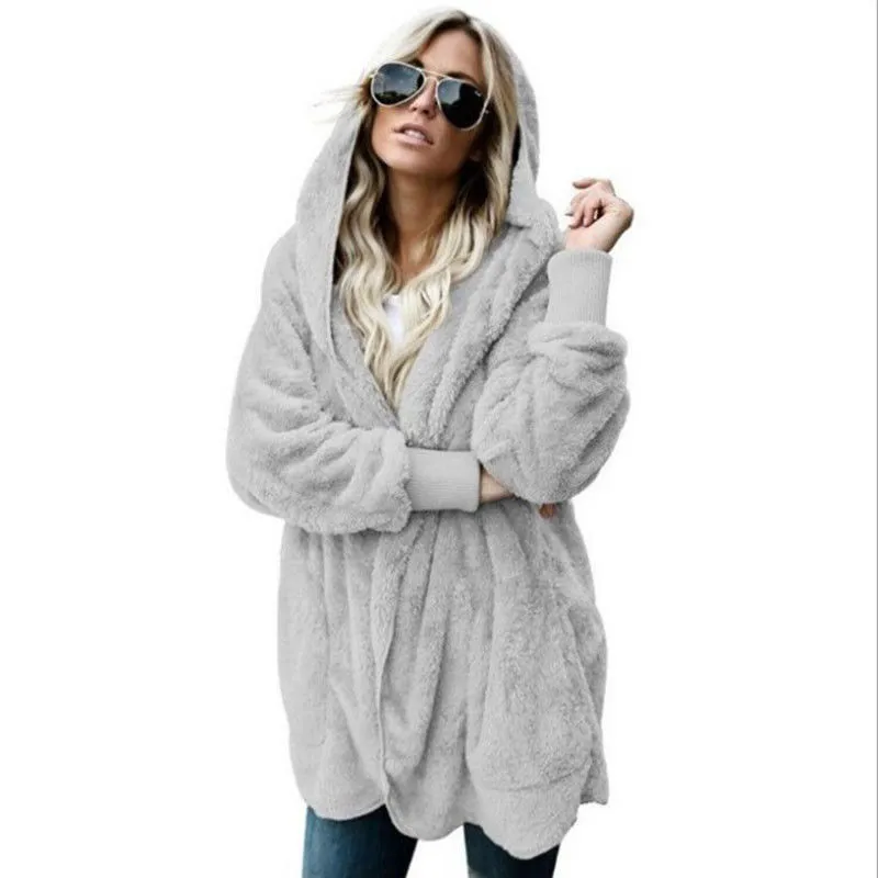 Women Winter Solid Color Hoodie Fluffy Fleece Jacket Long Cardigans Coat