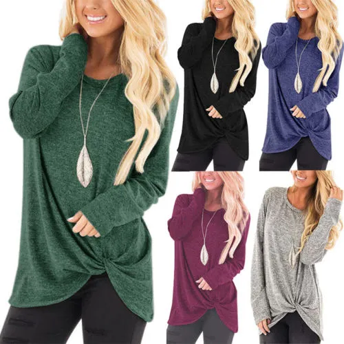 Women Spring Top, Long Sleeve Classical Round Neck Bottom Knot Loose T-Shirt