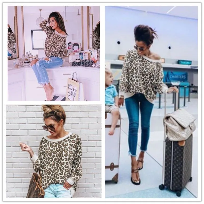 Women Spring Top, Leopard Printed Long Sleeve Round Neck Patchwork Top