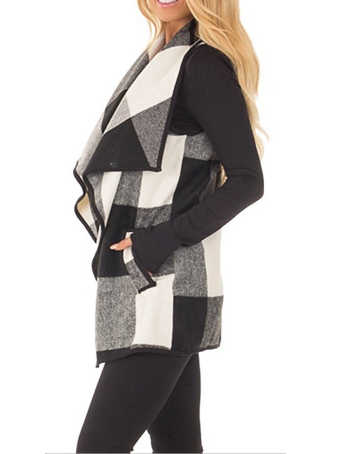 Women Plaid Print Irregular Waistcoat, Casual Plus Size Open Front Jacket